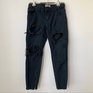 ONE TEASPOON | ‘FREEBIRD’ DISTRESSED RIPPED BLACK WASH JEANS WITH ANKLE ZIPPER